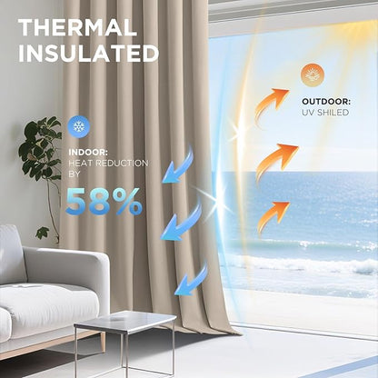 Joydeco Beige 100% Blackout Curtains 84 Inch 2 Panels, Luxury Thermal Beige Velvet Curtains for Bedroom Living Room, Soundproof Blackout Window Drapes, Rod Pocket & Back Tab (52W x 84L)