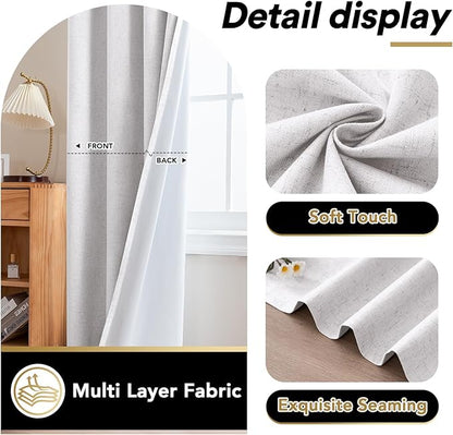 PrinceDeco 100% Blackout Curtains Nature Linen Blended 84 Inch Long Room Darkening Solid Black Out Curtains for Living Room Thermal Insulated Nickel Grommet 2 Panels Set - Heathered White