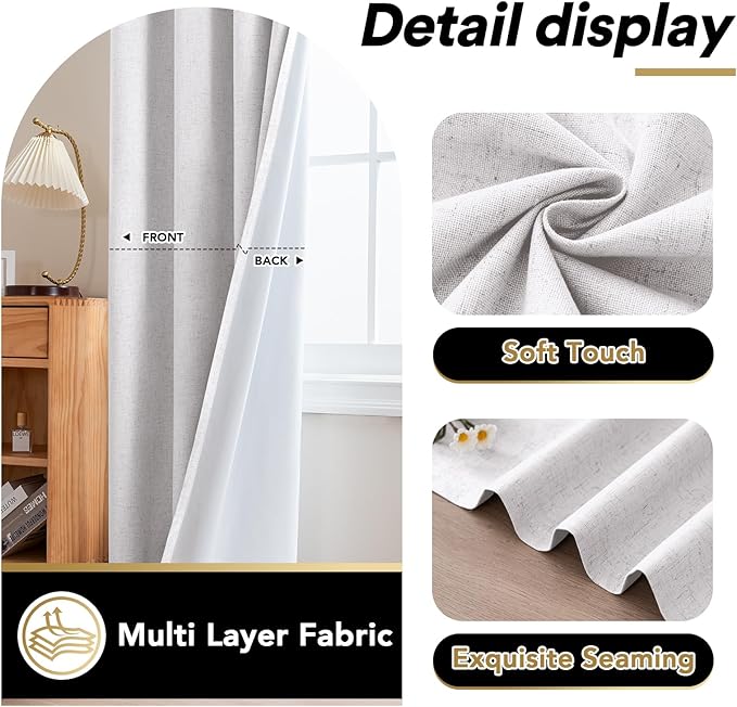 PrinceDeco Natural Linen Curtains 100% Blackout Curtains for Living Room 96 Inch Long,Heat & Light Blocking Curtains for Kids Bedroom Thermal Insulated Window Drapes 2 Panels Set - Heathered White