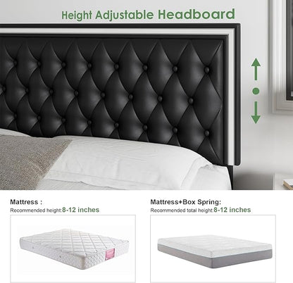 Keyluv Queen Upholstered LED Bed Frame with 4 Drawers, Pu Leather Platform Storage Bed with Adjustable Button Tufted Headboard and Solid Wooden Slats Support, No Box Spring Needed, Black