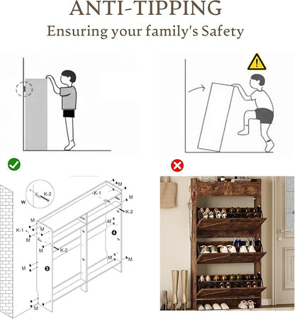 Shoe Storage Cabinet for Entryway, Farmhouse Narrow Shoe Cabinet with 3 Flip Drawers & 2 Top Drawers, Adjustable Shelves & Hooks, Freestanding Hidden Rack Organizer for Hallway, Foyer
