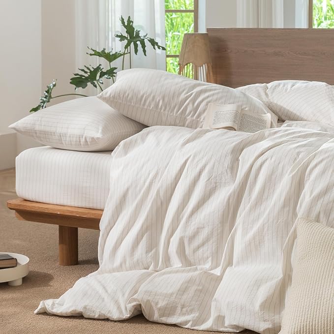 MooMee Striped Duvet Cover Set 100% Washed Cotton Linen Like Textured Breathable Durable Soft Comfy (White Almond Milk Grey Wide Stripes, Super King Plus 120"x120")
