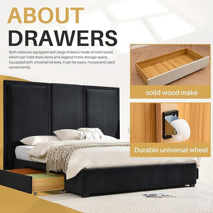 YUHUASHI King Size Bed Frame with 64-inch High Headboard, Simple and Airy Linen Upholstered Platform Bed with Storage Drawers, Wood Slat, No Noise (Ink Blue, King)