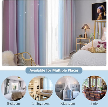Star Blackout Curtains - Bedroom Cute Kids Rainbow, 63 Inch Long 2 Panels, Purple & Blue, 42 X 63 Inches