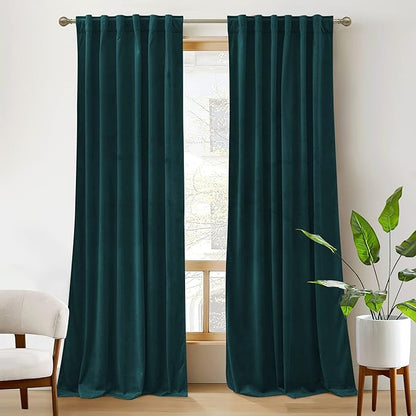 RYB Home Velvet Curtains 108 inches 2 Panels Set - Super Soft Durable Window Drapes Room Darkening Energy Smart Back Tap for Apartment Villa Room Backdrops, Peacock Blue, W52 x L108 inches, 2 Panels