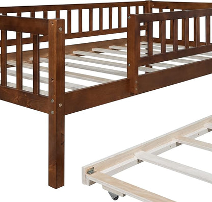 Bellemave Twin Bed Frames with Rails for Kids, Twin daybed Frame with Trundle for Boys/Girls/Adults， Walnut
