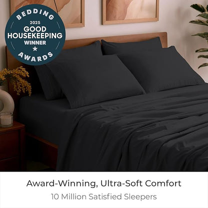 Mellanni Full Sheet Set - 6-Piece Iconic Collection Bedding, (Including 4 Pillowcases), 16-Inch Deep Pocket, Easy Care, Extra Soft, Cooling Sheets, Brushed Microfiber - Black
