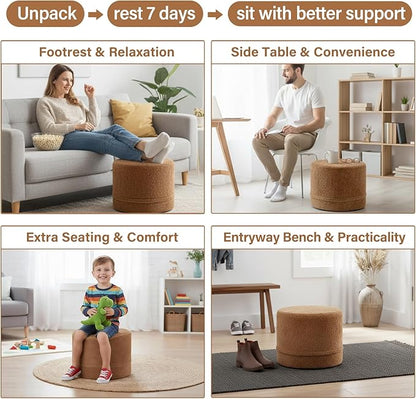 Tiita Pouf Ottoman and Foot Rest, Round Foam Stuffed Floor Pouf with Storag for Living Room, Brown