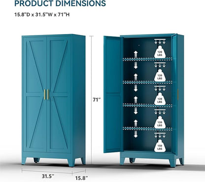 Farmhouse Pantry Cabinet with Barn Doors, 71" H x 31.5" W, 5-Tier Metal Storage Cabinet with 4 Adjustable Shelves for Kitchen Garage Dining Room,Blue