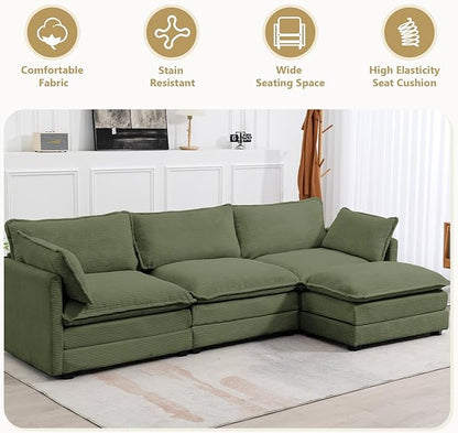 112'' Sectional Modular Cloud Couch, Oversized L Shaped 3 Seat Sofa with Movable Ottomans, 2 Throw Pillows, Upholstered Corduroy L Shape Comfy Deep Couches for Living Room and Office, Green