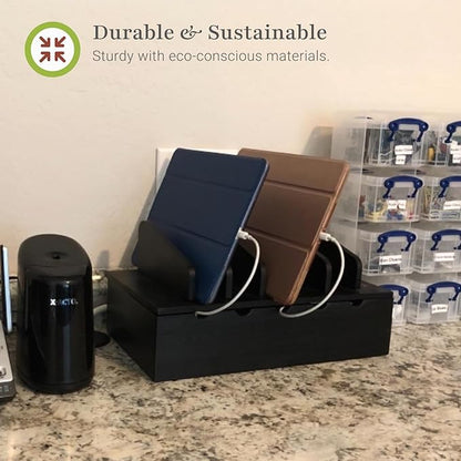 Prosumer's Choice Charging Station for Multiple Devices - 5 Device Charger Organizer for Smartphones and Tablets - Wooden Rack with Removable Dividers - Charging Dock for Work from Home - Black