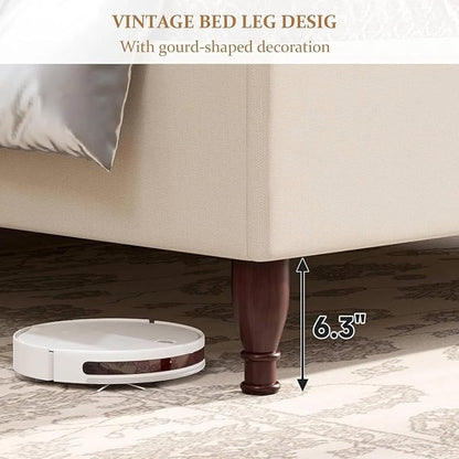 koorlian King Size Bed Frame Fully Upholstered Platform Bed with 51'' Tall Headboard, Sleigh Wingback and Solid Wood Retro Legs, Soft Fabric/Modern Minimalist Style/Easy Assembly, Beige
