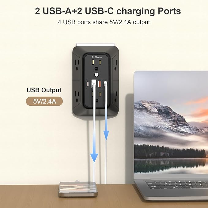 2 Pack Multi Plug Wall Outlet Extender Surge Protector 6 AC Outlet Splitter with 4 USB Ports(2 USB C) Wall Charger 1050J Power Strip 125V/15A, 1875W for Home, Office, Travel Dorm Room Essentials