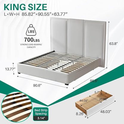 YUHUASHI King Size Bed Frame with 64-inch High Headboard, Simple and Airy Linen Upholstered Platform Bed with Storage Drawers, Wood Slat, No Noise (White, King (U.S. Standard))
