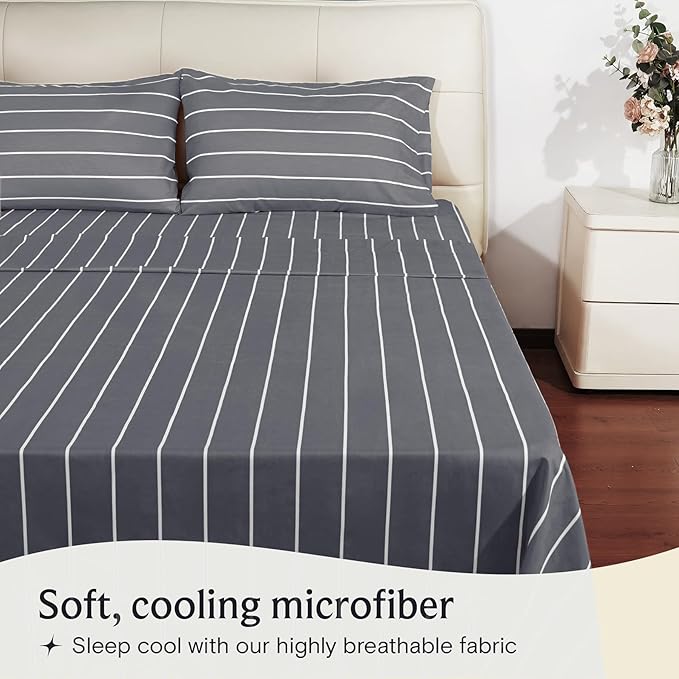 LuxClub 4 PC King Sheet Set, Deep Pockets Wrinkle Free Cooling Bed Sheets Hotel Bedding for Women, Men, Includes 1 Fitted Sheet, 1 Flat Sheet and 2 Pillowcases-Striped - Light Grey