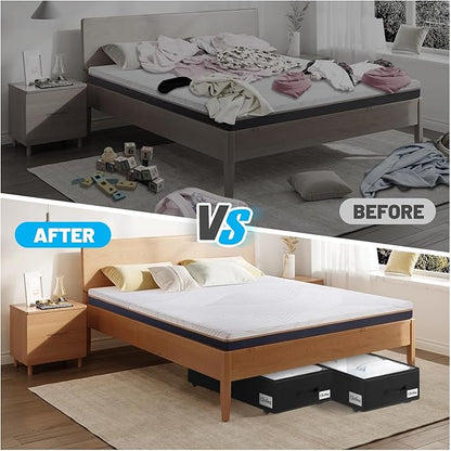 Under Bed Storage with Wheels, 2-Pack 6.7" Height XL 50L Rolling Storage Bins, Quick Assembly Underbed Shoe Storage Containers with Clear Lid & Label, Dorm Under bed Drawers for Clothes, Shoes, Black
