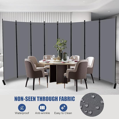 Room Divider Folding Privacy Screens with Wheels, 6FT Tall Divider for Room Separation, Movable Room Partitons and Dividers, Indoor Room Dividers Panel with Fabric (Grey, 8 Panel-176‘’-Flat Base)