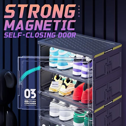 JEKO&JEKO 8-Tier Double-Column Foldable Shoe Storage Cabinet with Magnetic Doors, Large Collapsible Shoe Rack Organizer for Entryway, Fits Up to 32 Pairs, Black