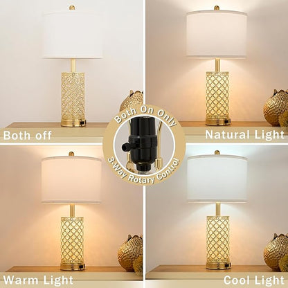 Crystal Table Lamp Set of 2-24in Gold Bedroom Lamps 3-Way Dimmable Touch Lamp with Night Light, 2 USB Ports + AC Outlet Bedside Night Stand Lamp for Living Room (Gold-2 Pack 24In)