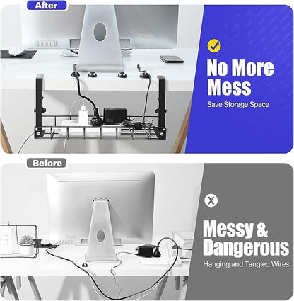 Under Desk Cable Management Tray, Xpatee Upgraded Wire Management No Drill No Screws, Cable Tray with Clamp for Wire Organizers, Computer Cord Rack for Office, Home - No Damage to Desk Black