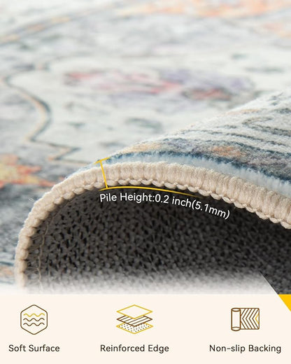 Area Rugs 10'x12' Washable Non-Slip, Floral Vintage Distress Print Pattern Medallion Carpet for Living Room Bedroom Dining Room, Light Yellow Carbon Grey Orange