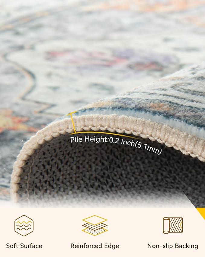 Area Rugs 3'x4' Washable Non-Slip, Floral Vintage Distress Print Pattern Medallion Carpet for Living Room Bedroom Dining Room, Light Yellow Carbon Grey Orange