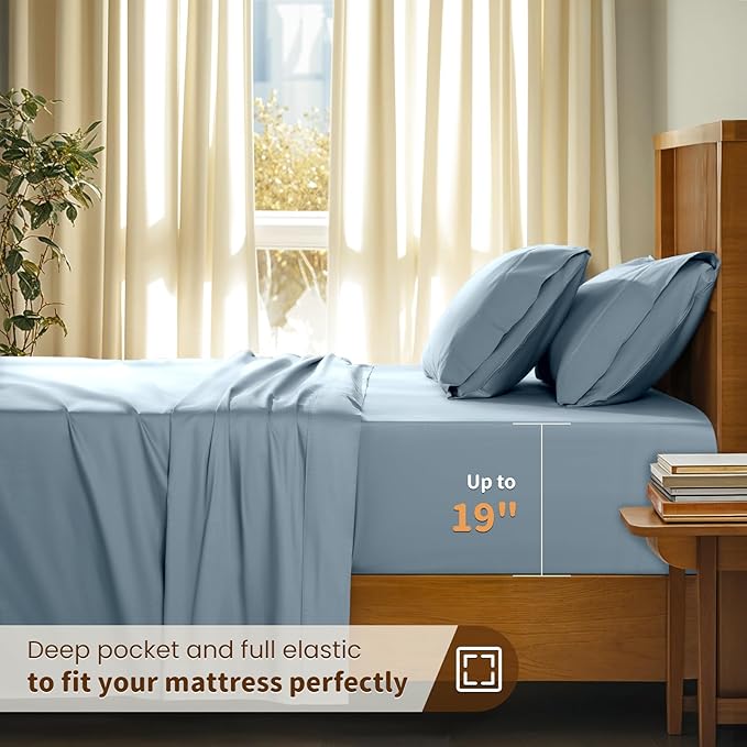 LBRO2M 100% Cotton Sheets Set Deep Pocket 19", 1000 Thread Count Queen Size 4 Piece Bed Sheet Sets Soft Comfortable Bedding All Season (Queen, French Blue)