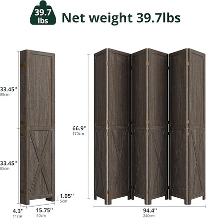 Cozy Castle Wood Room Divider, 6 Panels Folding Privacy Screen, 66.9'' Wall Divider, Barnwood Room Separator, Freestanding Partition, Temporary Wall for Decorative, Rustic Brown