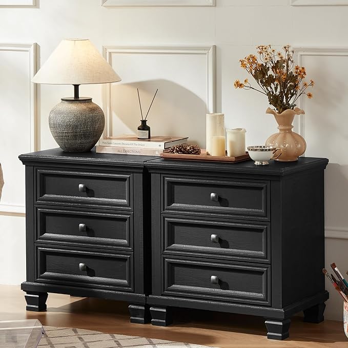 Farmhouse Nightstand Set of 2, Rustic Couch End Table with 3 Drawers & 4 Square Solid Wood Legs, Vintage Bed Side Table with Storage, Small Dresser for Bedroom, Living Room, Black