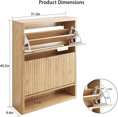 Fluted Shoe Cabinet Storage with 2 Flip Drawers, Narrow Shoe Storage Organizer for Entryway, Hidden Slim Wooden Shoe Rack Cabinet for Front Door Entrance, Hallway, Living Room (2-Drawer, Oak)