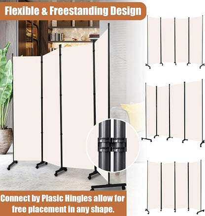 Room Divider Folding Privacy Screens with Wheels, 6FT Tall Divider for Room Separation, Movable Room Partitons and Dividers, Indoor Room Dividers Panel with Fabric (Beige, 4 Panel-88‘’-Wheels)