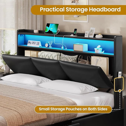 VIAGDO King Bed Frame with Storage Headboard and Charging Station, Leather Upholstered Bed Frame King Size with 4 Drawers and LED Lights, Type C and USB, No Box Spring Needed, Black