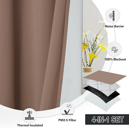 RYB HOME 4-in-1 Dust Filtering Soundproof Blackout Insulating Privacy Window Curtains for Nursery Bedroom Living Room Rivider Sound Absorption Sheet, Mocha, W52 x L95 inch, 2 Panels