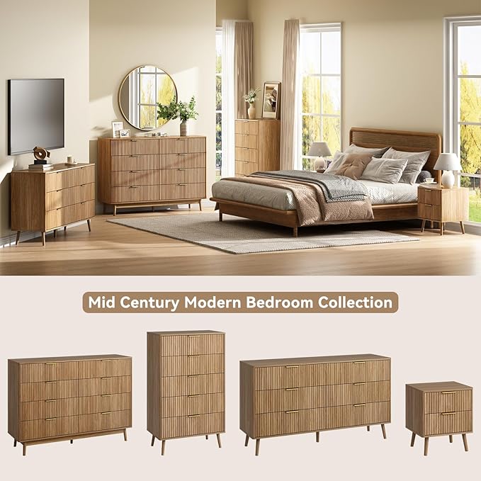 CARPETNAL Fluted Nightstand Set of 2, Walnut Bedside Table with Drawer and Storage Shelf, Wood End Table Mid Century Night Stands for Bedroom Living Room