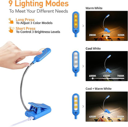 VAVOFO Rechargeable Book Light for Reading in Bed Kids, 7 LED Reading Light with 9-Level Warm Cool White Daylight, Eye Care Lamp with Power Indicator for Bookworms (Blue Lotus)