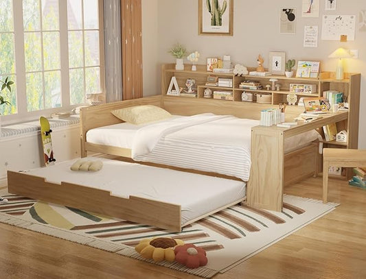 Merax Full Size Corner Bed Frames with Desk and Trundle & Storage Shelves Headboard, Pinewood U-Shaped Captain Daybed for Small Room, Bedroom, Guest Room, Kids' Room, Natural