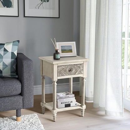 COSIEST Vintage Nightstand, MDF 2-Tier Bedside Table, Wood Accent End Table with Storage Drawer and Open Display Shelf for Bedroom Living Room
