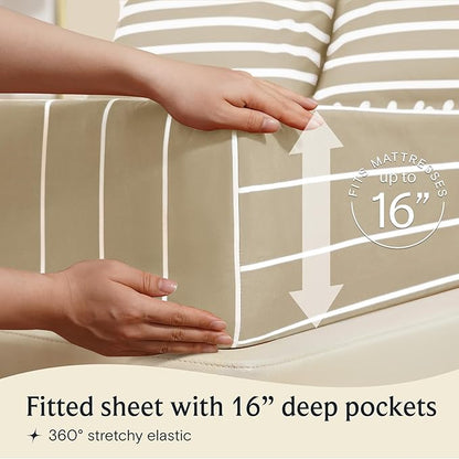 LuxClub 4 PC Full Sheet Set, Deep Pockets Wrinkle Free Cooling Bed Sheets Hotel Bedding for Women, Men, Includes 1 Fitted Sheet, 1 Flat Sheet and 2 Pillowcases-Striped - Cream