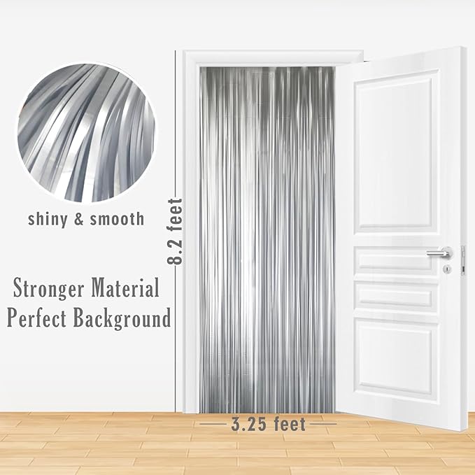 GOER 3.2 ft x 8.2 ft Metallic Tinsel Foil Fringe Curtains Party Photo Backdrop Party Streamers for Birthday,Graduation,New Year Eve Decorations Wedding Decor (4 Pcs,Matte Silver,Thick Material)