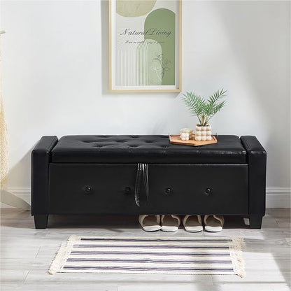 48“ Storage Ottoman Bench, Upholstered Button-Tufted End of Bed Bench with Soft-Close Hinge & Solid Wood Legs, Foot Rest for Living Room, Bedroom, Hallway (Faux Leather, Black)