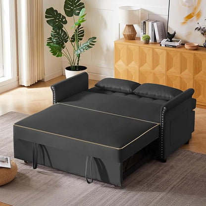 57" Velvet Pull-Out Sofa Bed, 3-in-1 Convertible Loveseat with Gold Trim Strips and Adjustable Backrest, Perfect for Living Rooms, Offices and Apartments (Black)