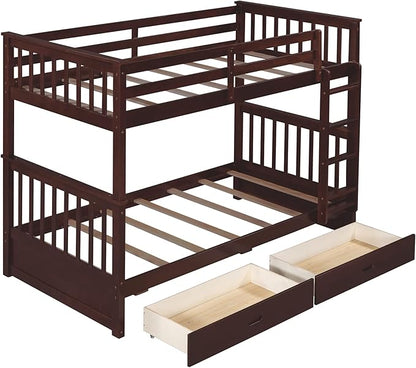 Merax Wood Bunk Bed with Drawers,Convertible Wood Bunk Bed with Ladders and Two Storage Drawers,Solid Wood Detachable Bed Frame with Ladders,Twin Over Twin Size,Espresso