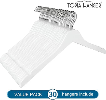 TOPIA HANGER White Wooden Hangers 30 Pack, 0.28 inch Slim Wood Clothes Hanger with Flat Design and Smooth Notches, Lightweight & Durable Space Saving Hangers for Shirt, Coat, Camisole-CT31W