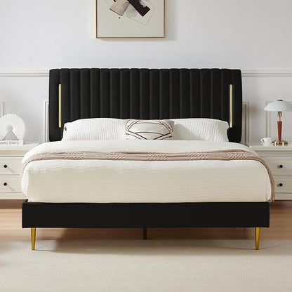 Full Platform Bed Frame, Velvet Upholstered Bedframe with Vertical Channel Adjustable Headboard, Golden Plating Trim, Mattress Foundation with Wooden Slats, No Box Spring Needed, Black