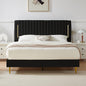 King Platform Bed Frame, Velvet Upholstered Bedframe with Vertical Channel Adjustable Headboard, Golden Plating Trim, Mattress Foundation with Wooden Slats, No Box Spring Needed, Black