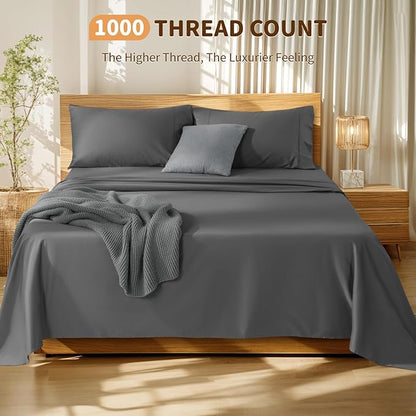 LBRO2M 100% Cotton Sheets Set Deep Pocket 19", 1000 Thread Count King Size 4 Piece Bed Sheet Sets Soft Comfortable Bedding All Season (King, Dark Grey)
