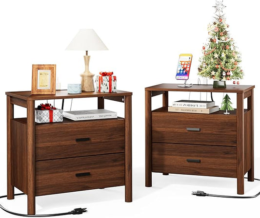 FavourLife Night Stand Set 2, 23" Wide Nightstands Set of 2, Walnut Nightstand with Charging Station, 2 Drawer Wooden End Table with Solid Round Post Legs & Open Shelf,Modern Bedside Table for Bedroom