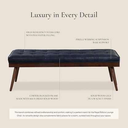 POLY & BARK 55" Tufted Leather Bed Bench for Bedroom End of Bed - Living Room Entry Way Bench - Pure Italian Leather Upholstery with a Solid Wood Frame - Ottoman Bench with Wooden Legs - Midnight Blue