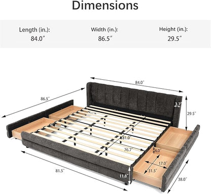 DEINPPA King Size Bed Frame with 4 Storage Drawers and Cloud Soft Headboard, Chenille Upholstered Grounded Wood Base Bed Frame, No Box Spring Needed-Dark Grey