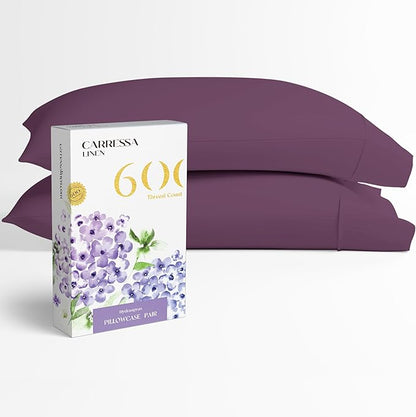 Carressa Linen 100% Egyptian Cotton Pillow Cases Queen Size Set of 2 - Luxury 600 Thread Count Plum Standard/Queen Size Pillowcases, Silky Soft, Cooling Sateen Weave Hotel Quality Bed Pillow Cover
